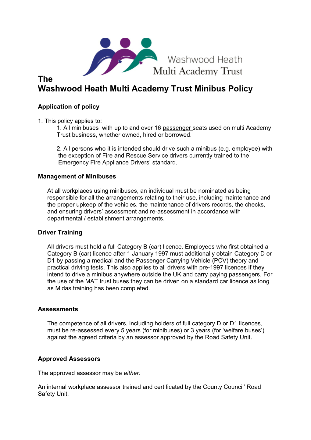 The Washwood Heath Multi Academy Trust Minibus Policy