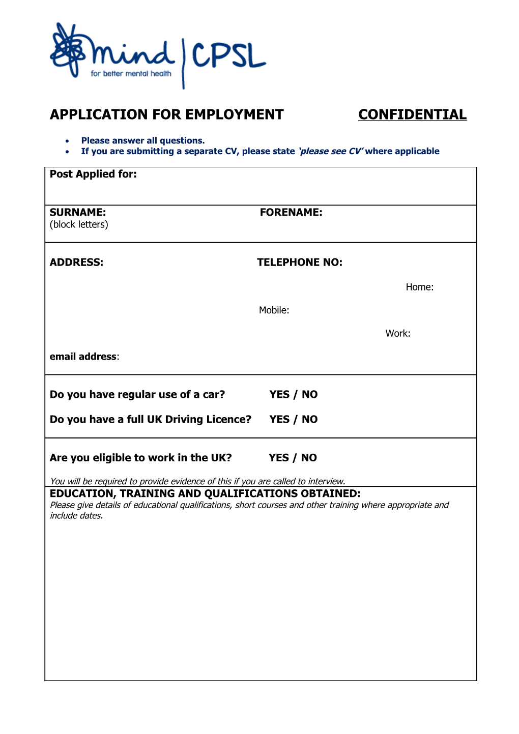 Application for Employment Confidential s1