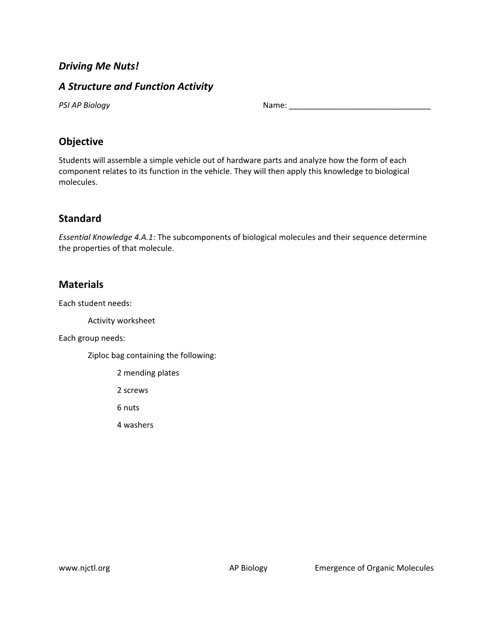 A Structure and Function Activity