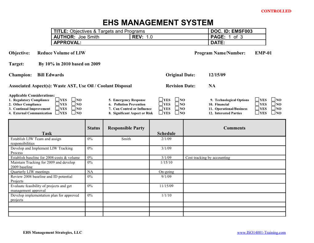 Objective: Reduce Volume of LIW Program Name/Number: EMP-01