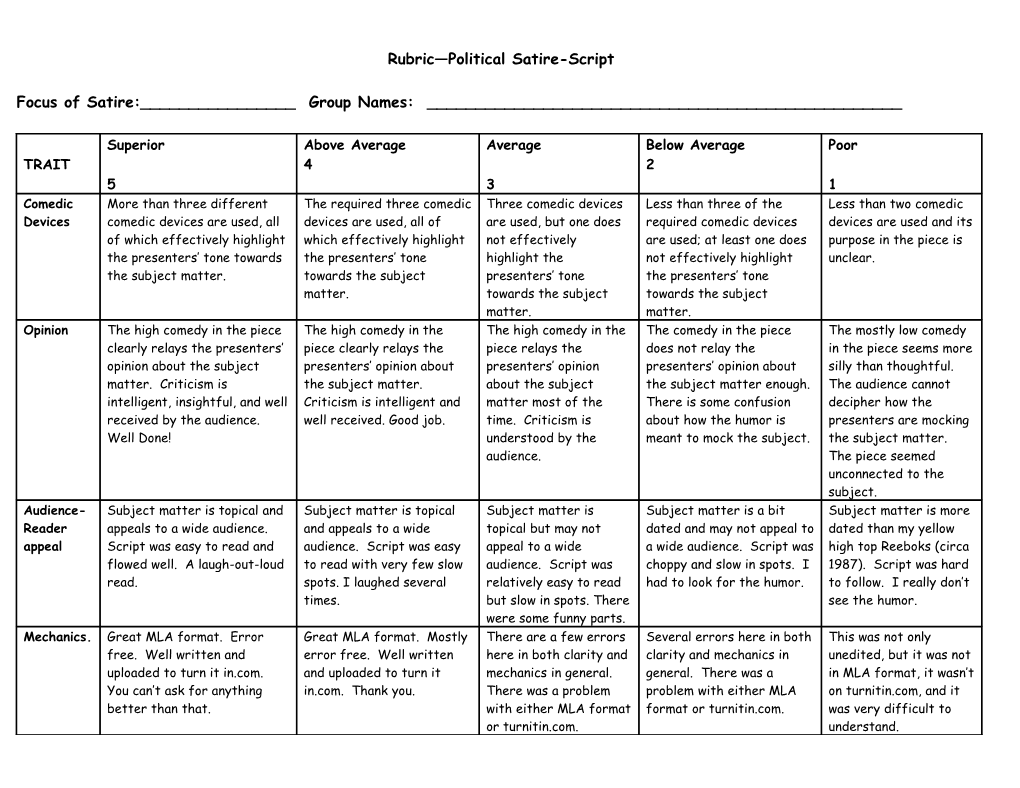 Rubric Political Satire