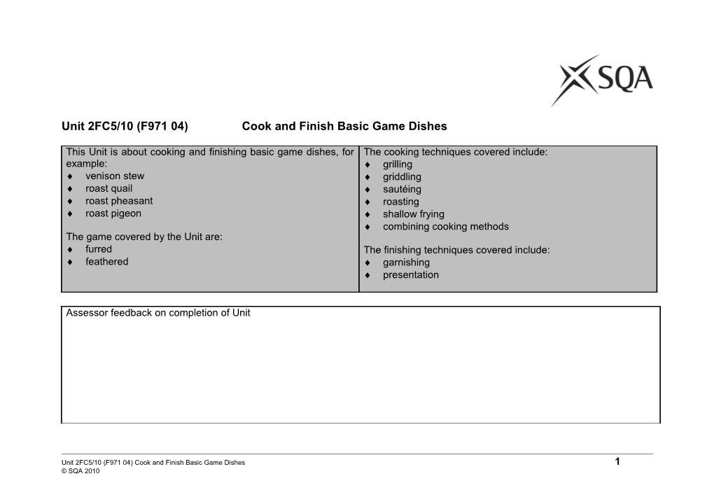 Unit 2FC5/10 (F971 04) Cook and Finish Basic Game Dishes