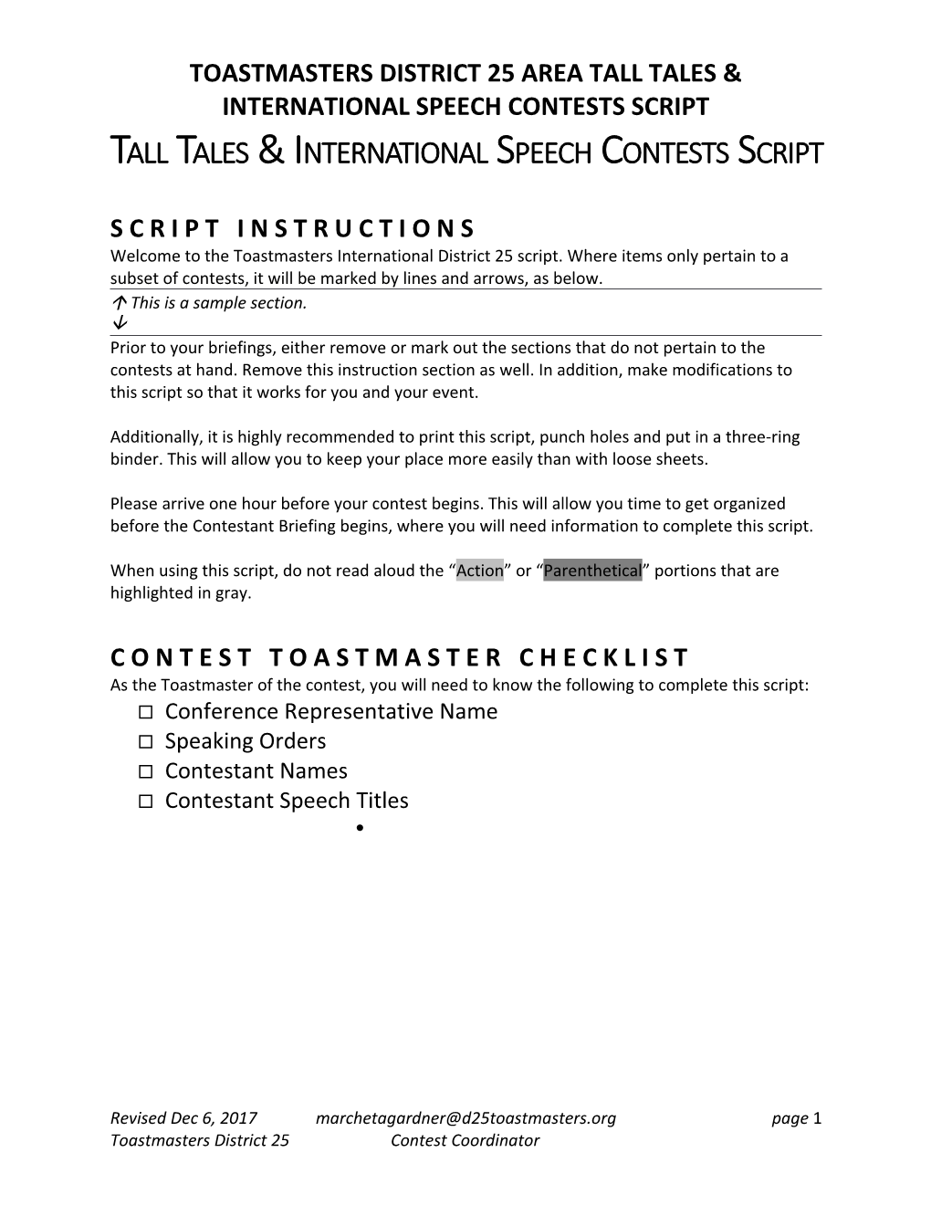 TOASTMASTERS DISTRICT 25 Areatall Talesinternational SPEECH CONTESTS SCRIPT