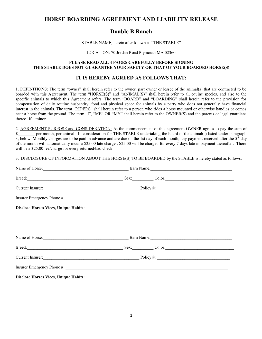 Horse Boarding Agreement and Liability Release