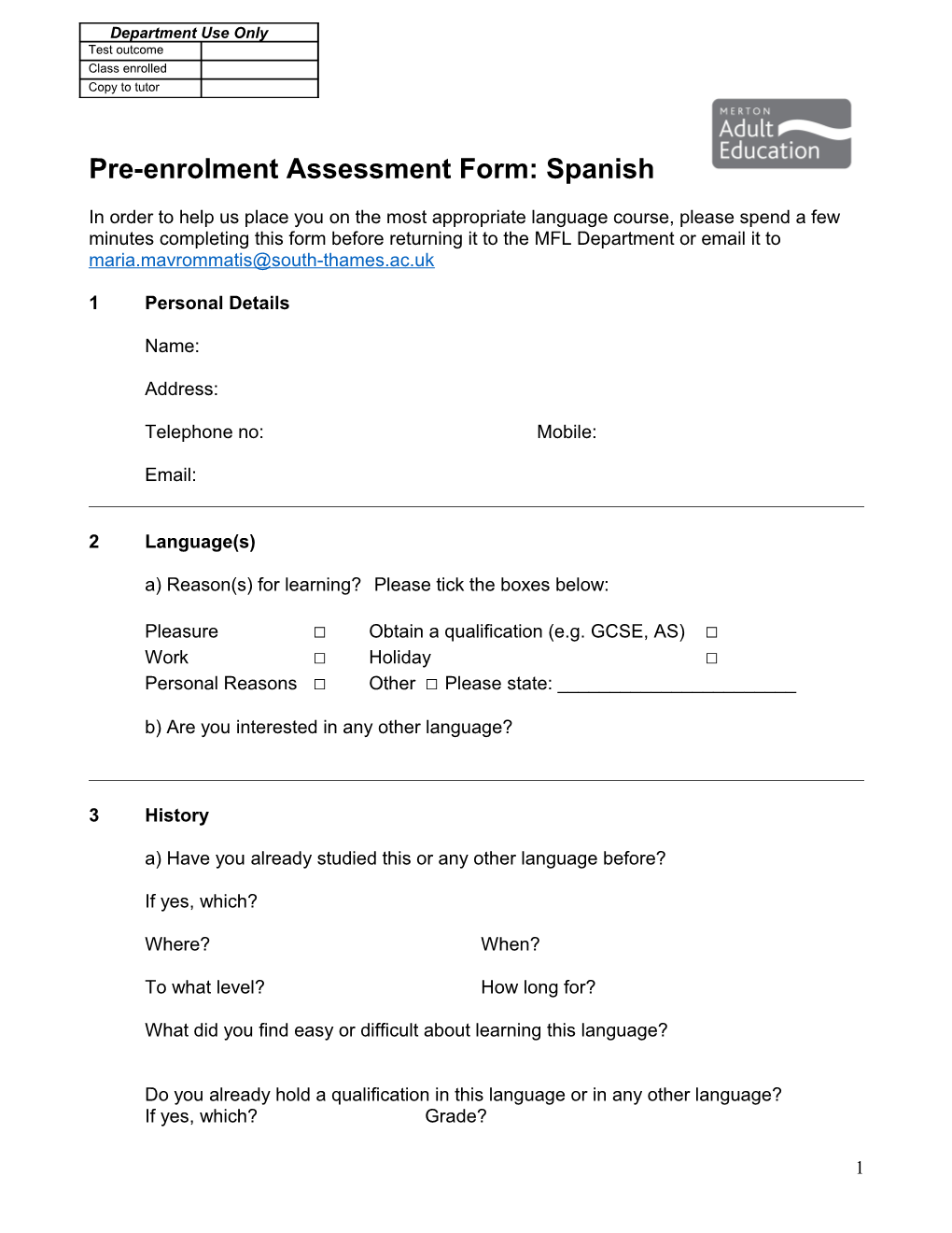 Pre-Enrolment Assessment Form: Spanish