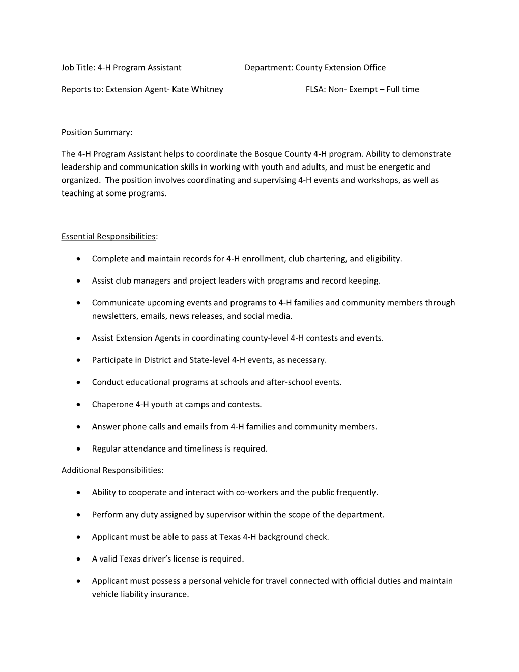 Job Title: 4-H Program Assistantdepartment: County Extension Office