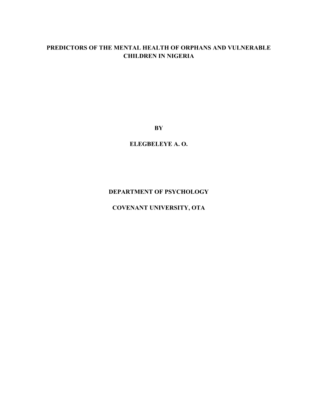 Predictors of the Mental Health of Orphans and Vulnerable Children in Nigeria