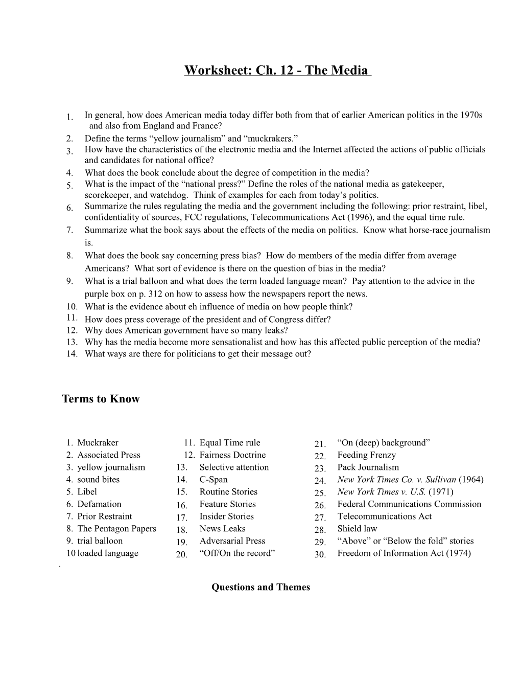 Worksheet: Ch. 12 - the Media