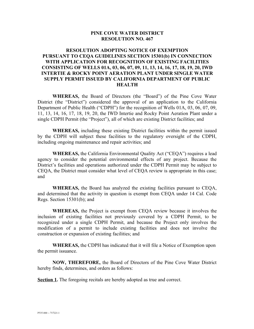 Resolution Adopting Notice of Exemption