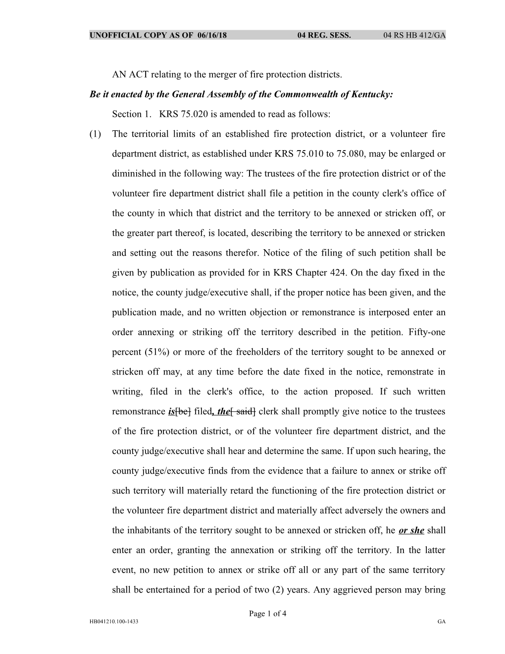 AN ACT Relating to the Merger of Fire Protection Districts