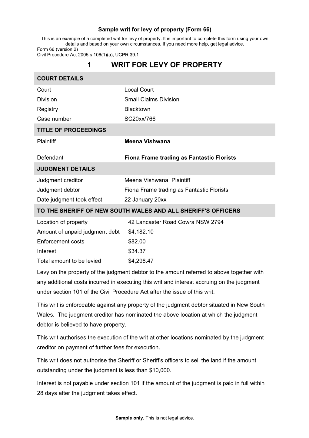 Form 66 - Writ for Levy of Property