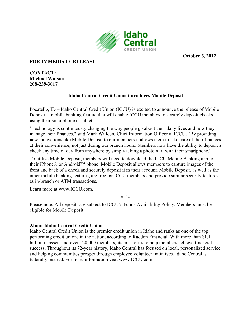 Idaho Central Credit Union Introduces Mobile Deposit