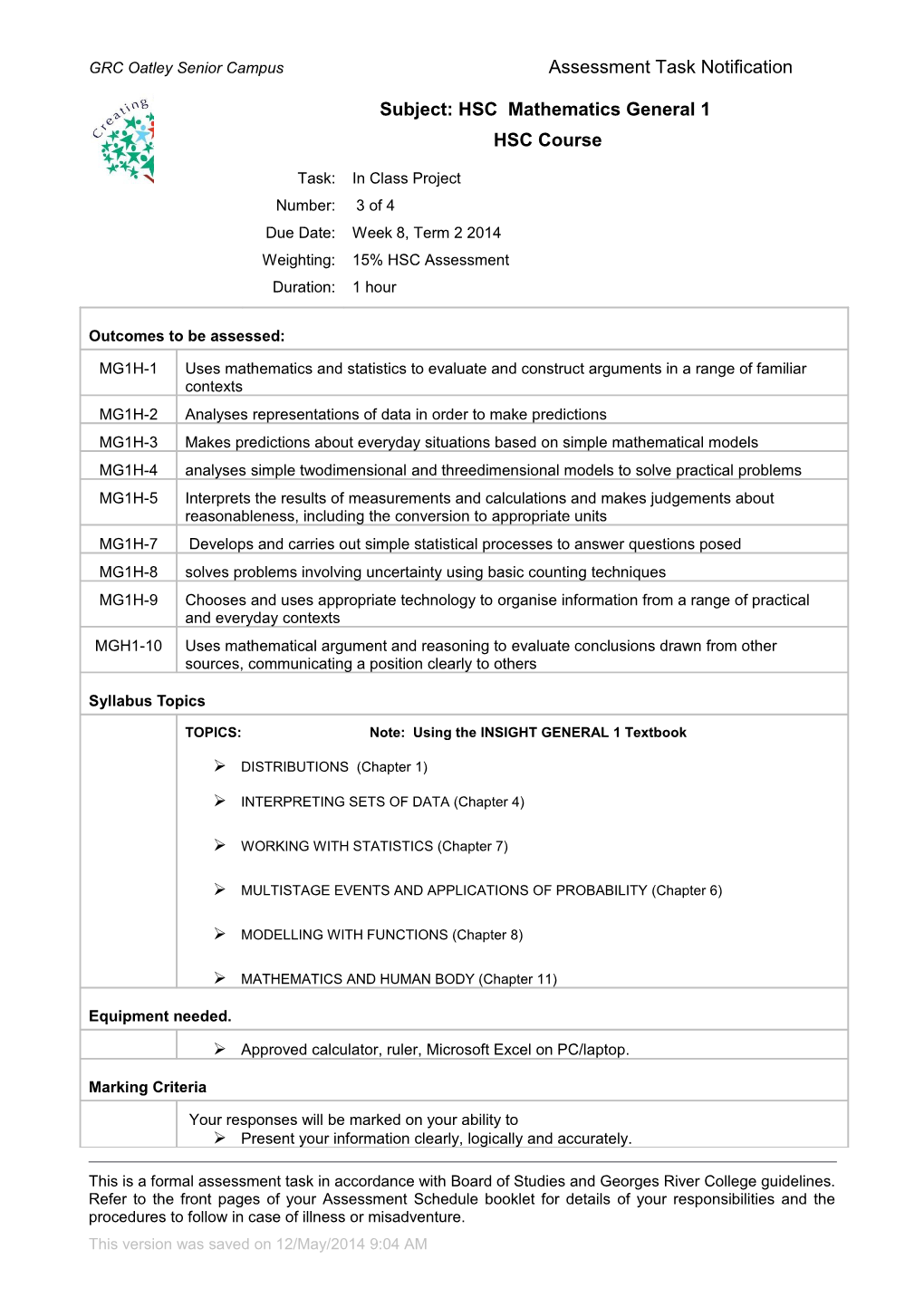 GRC Oatley Senior Campusassessment Task Notification