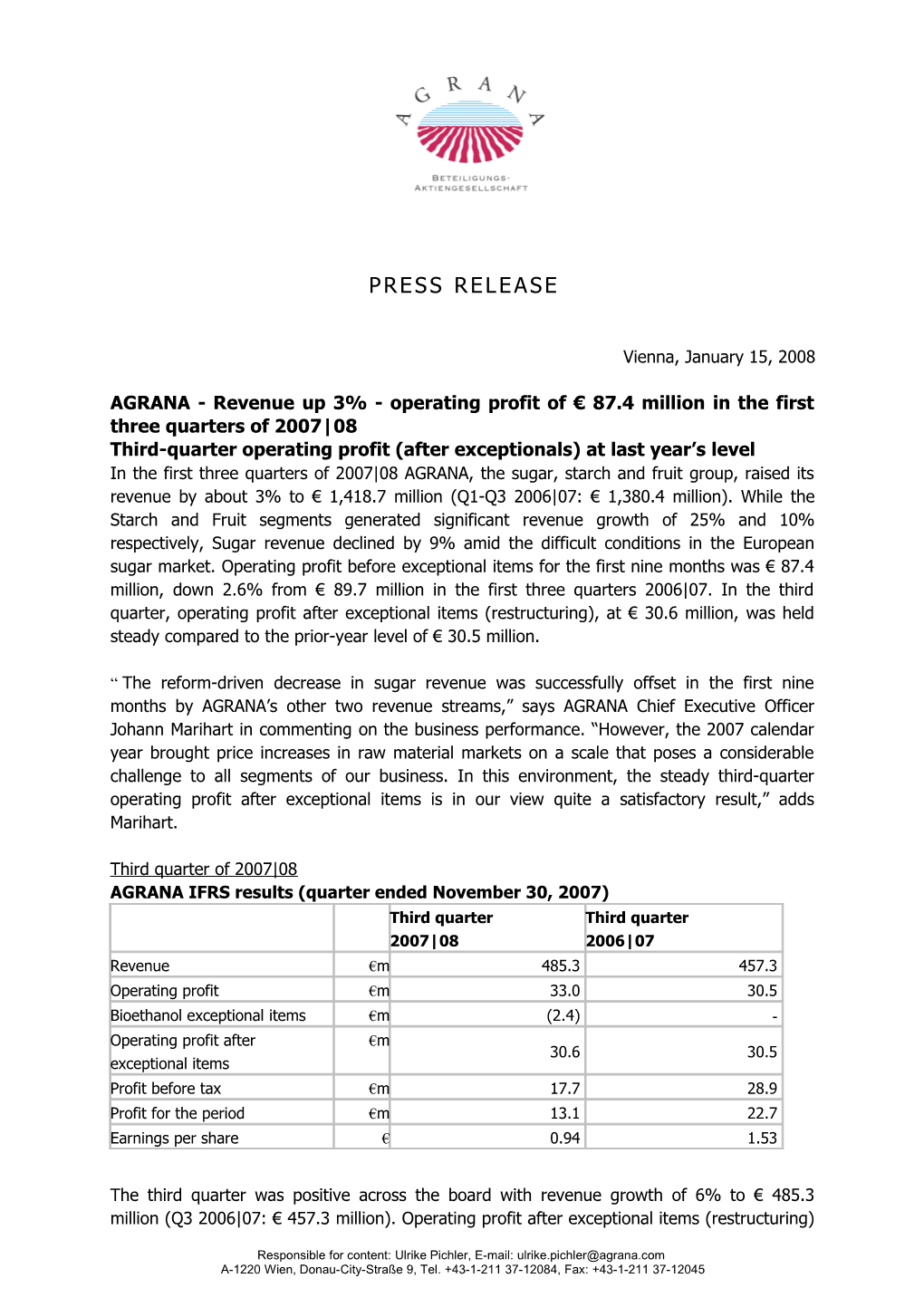 AGRANA - Revenue up 3% - Operating Profit of 87.4 Million in the First Three Quarters