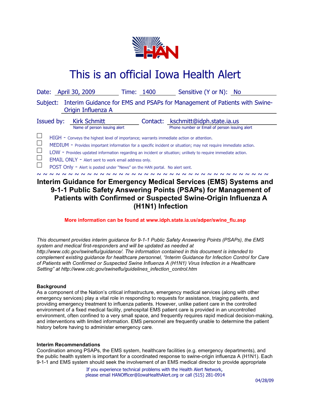 04/30/09 Guidance for EMS and Psaps for Management of Patients with Swine-Origin Influenza A