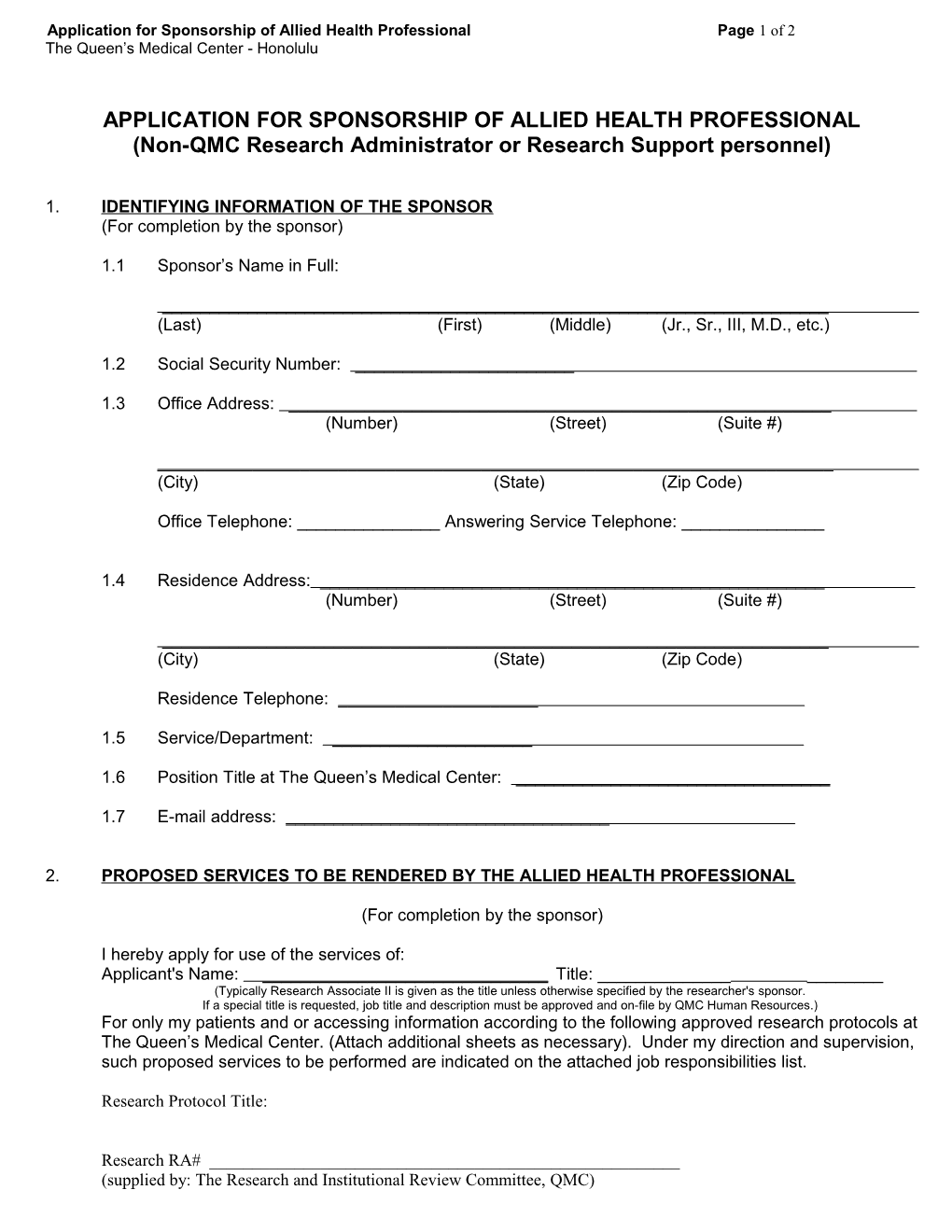 APPLICATION for SPONSORSHIP of ALLIED HEALTH PROFESSIONAL (Research Associate Or Clinical