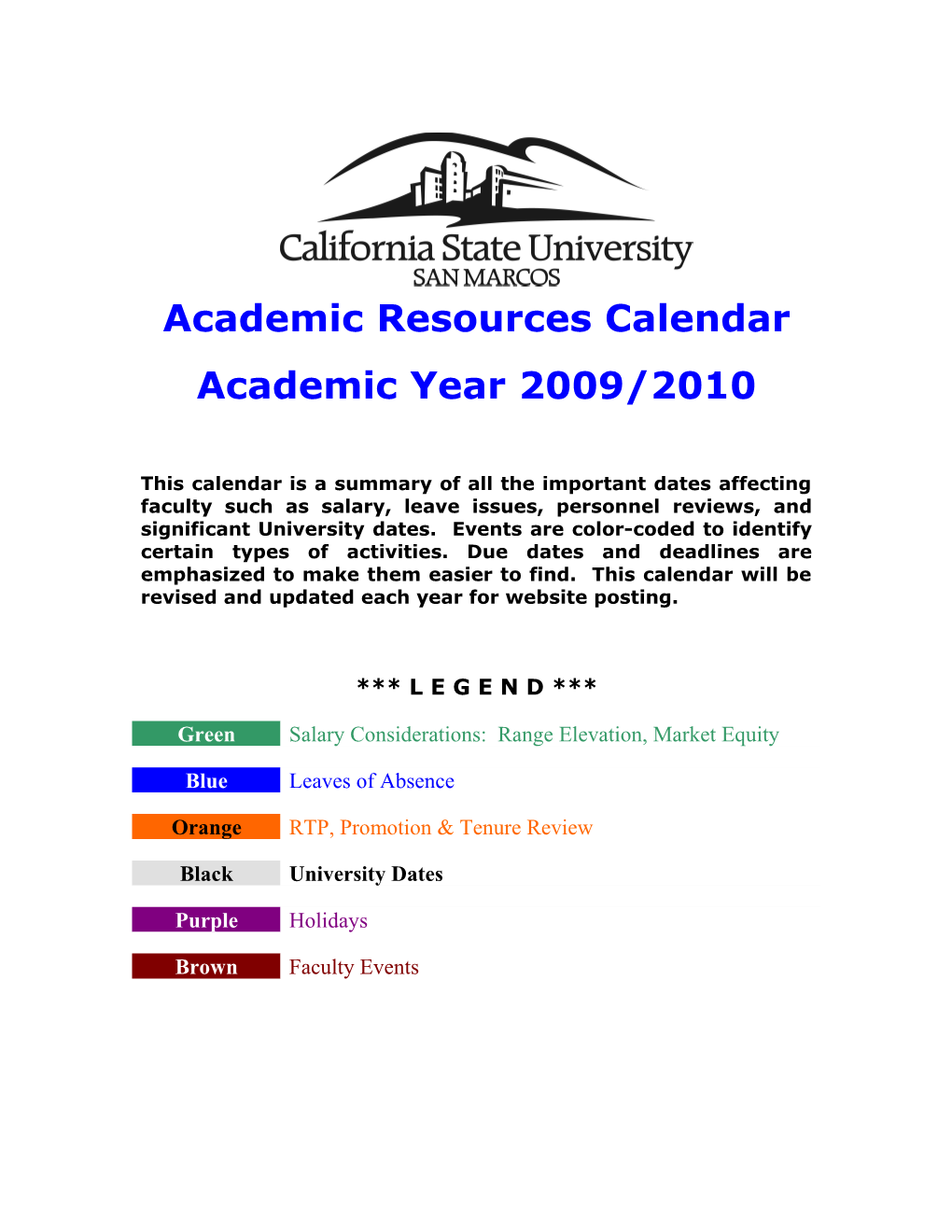 Academic Resources Calendar