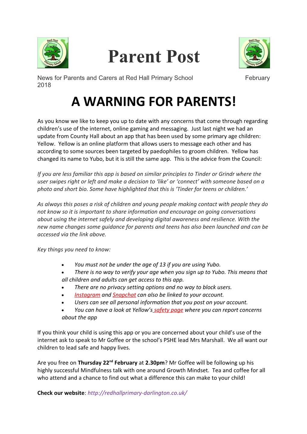 News for Parents and Carers at Red Hall Primary School February 2018