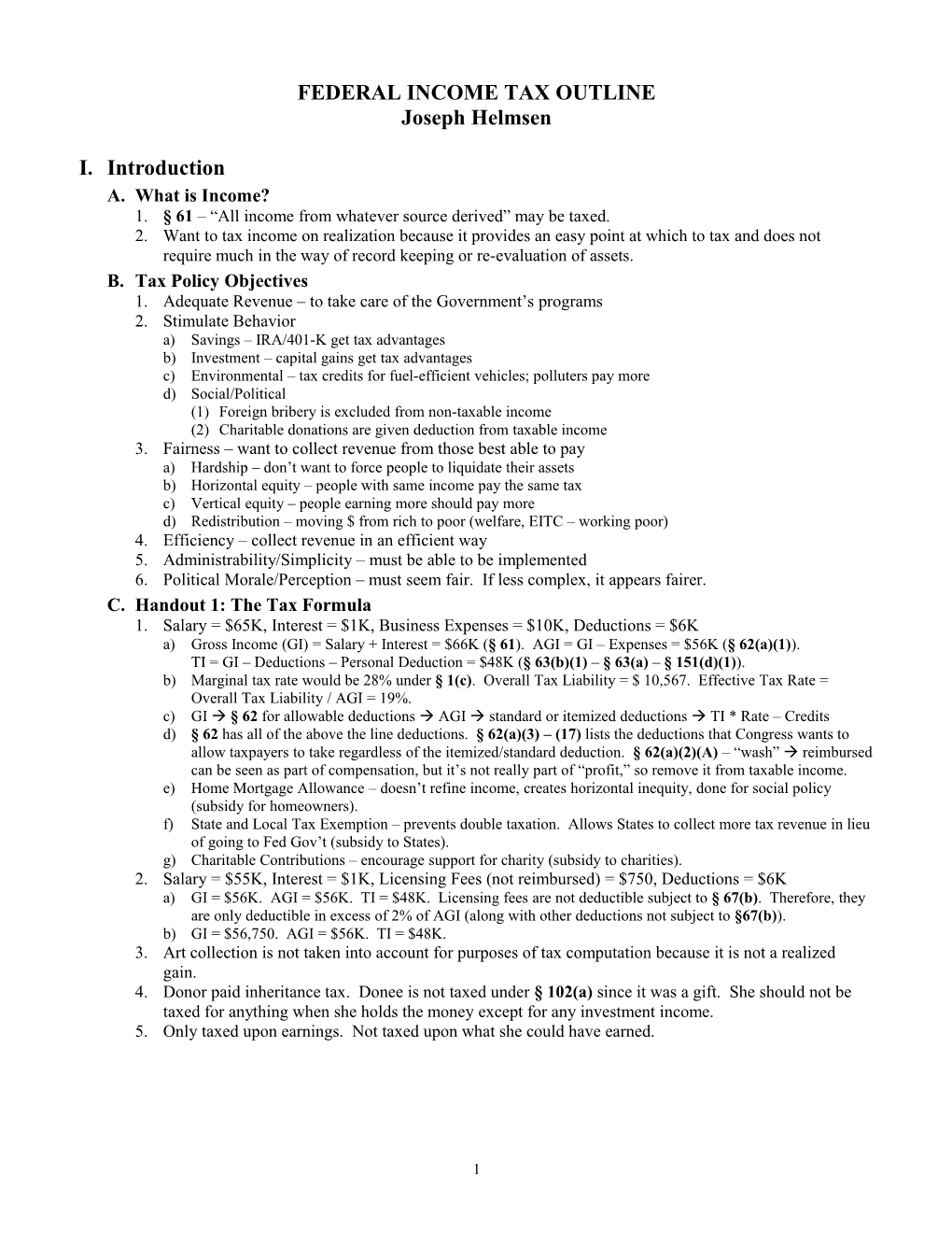 Federal Income Tax Outline