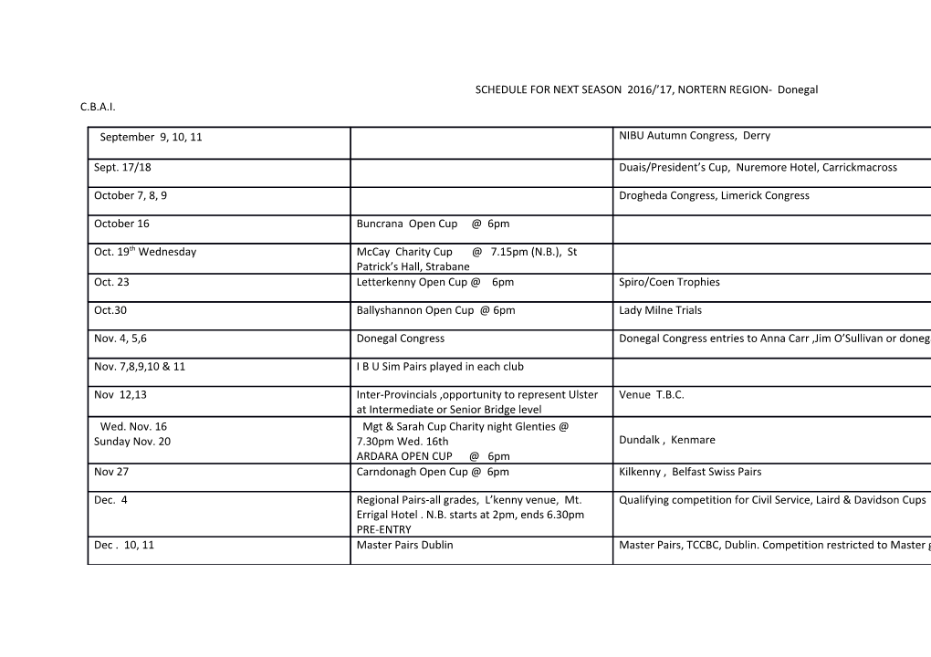 SCHEDULE for NEXT SEASON 2016/ 17, NORTERN REGION- Donegal C.B.A.I