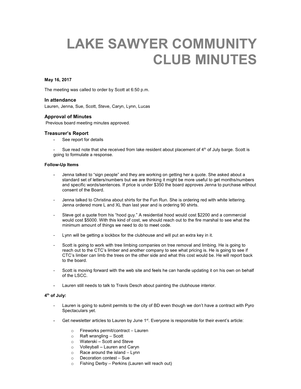 Lake Sawyer Community Club Minutes