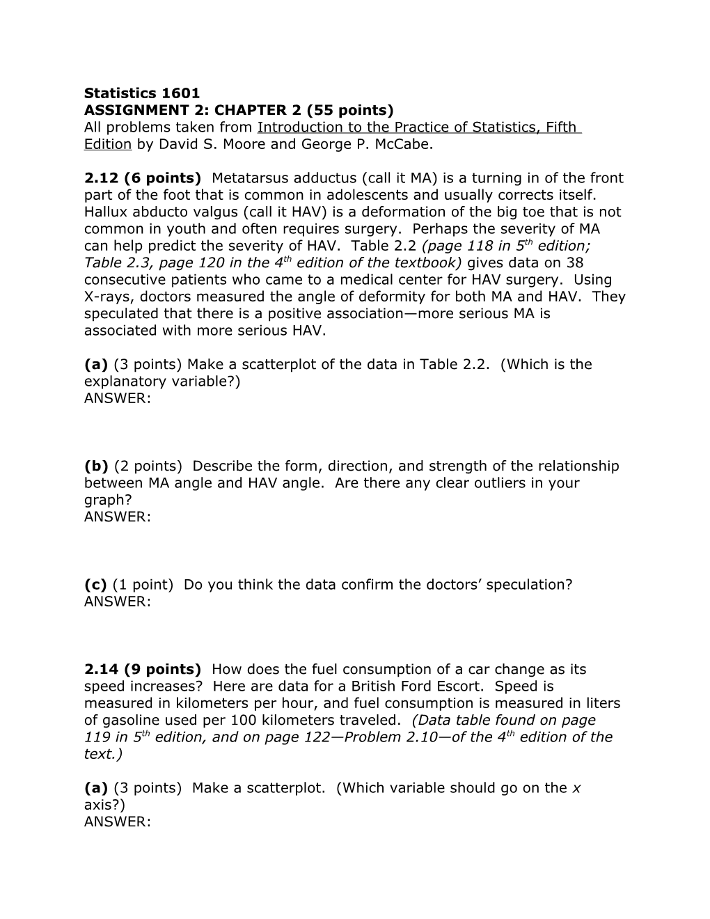 ASSIGNMENT 2: CHAPTER 2 (55 Points)