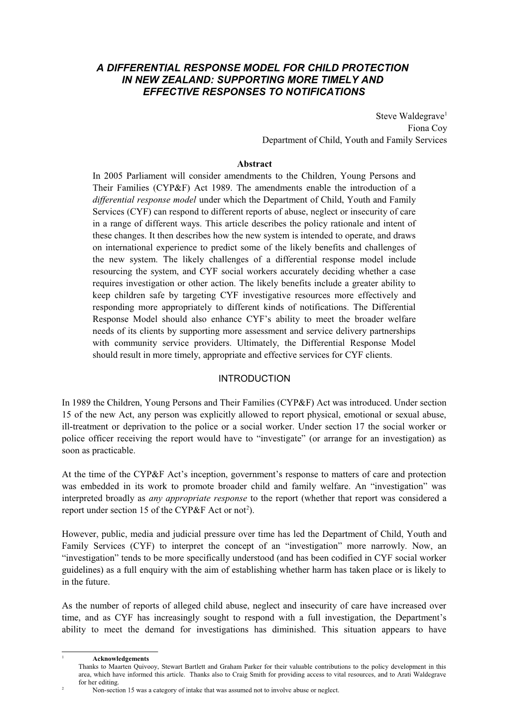 A DIFFERENTIAL Response MODEL for CHILD PROTECTION