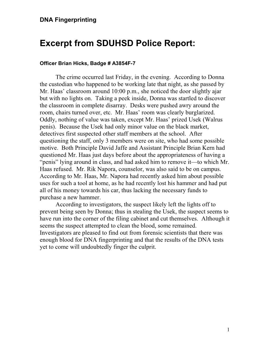 Excerpt from SDUHSD Police Report