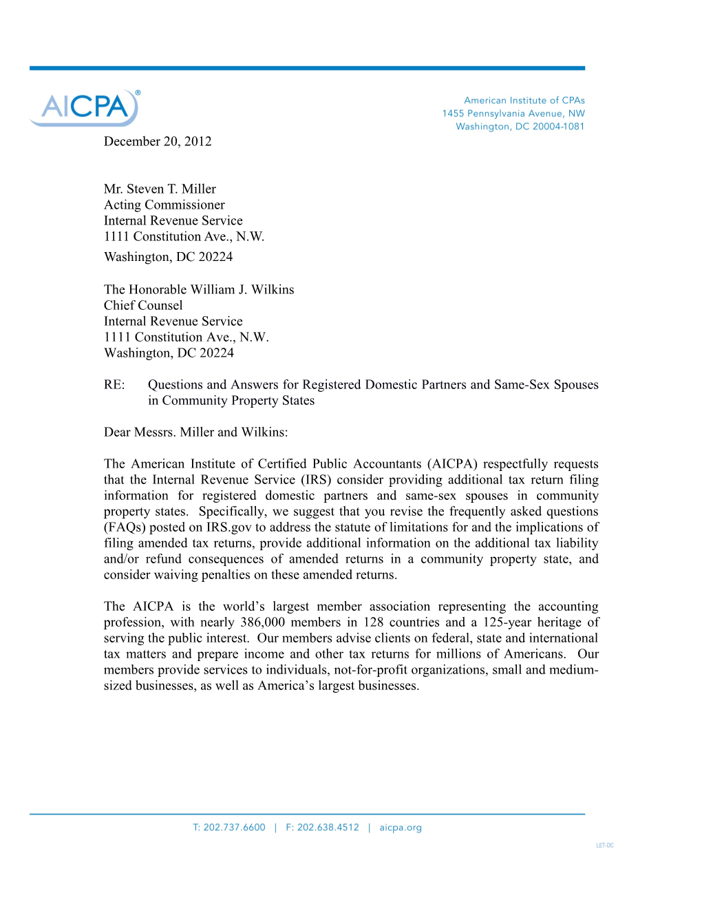 Comment Letter on Registered Domestic Partners