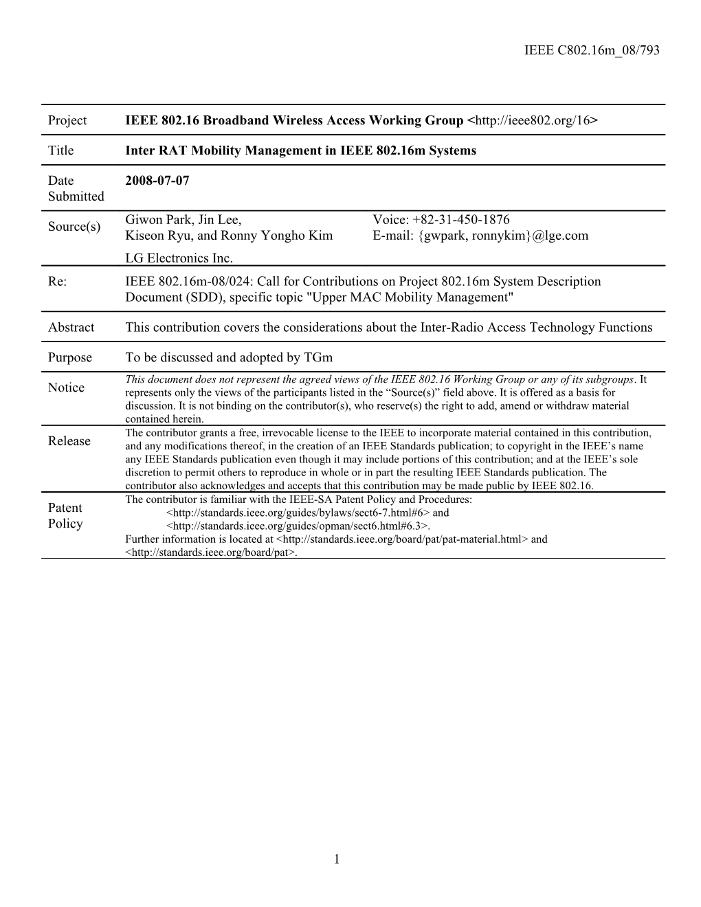 Inter RAT Mobility Management in IEEE 802.16M Systems