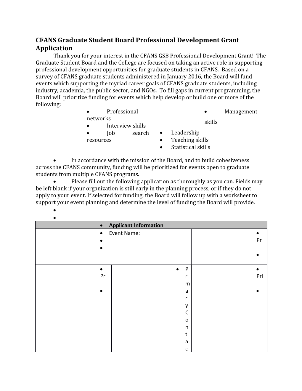 CFANS Graduate Student Board Professional Development Grant Application