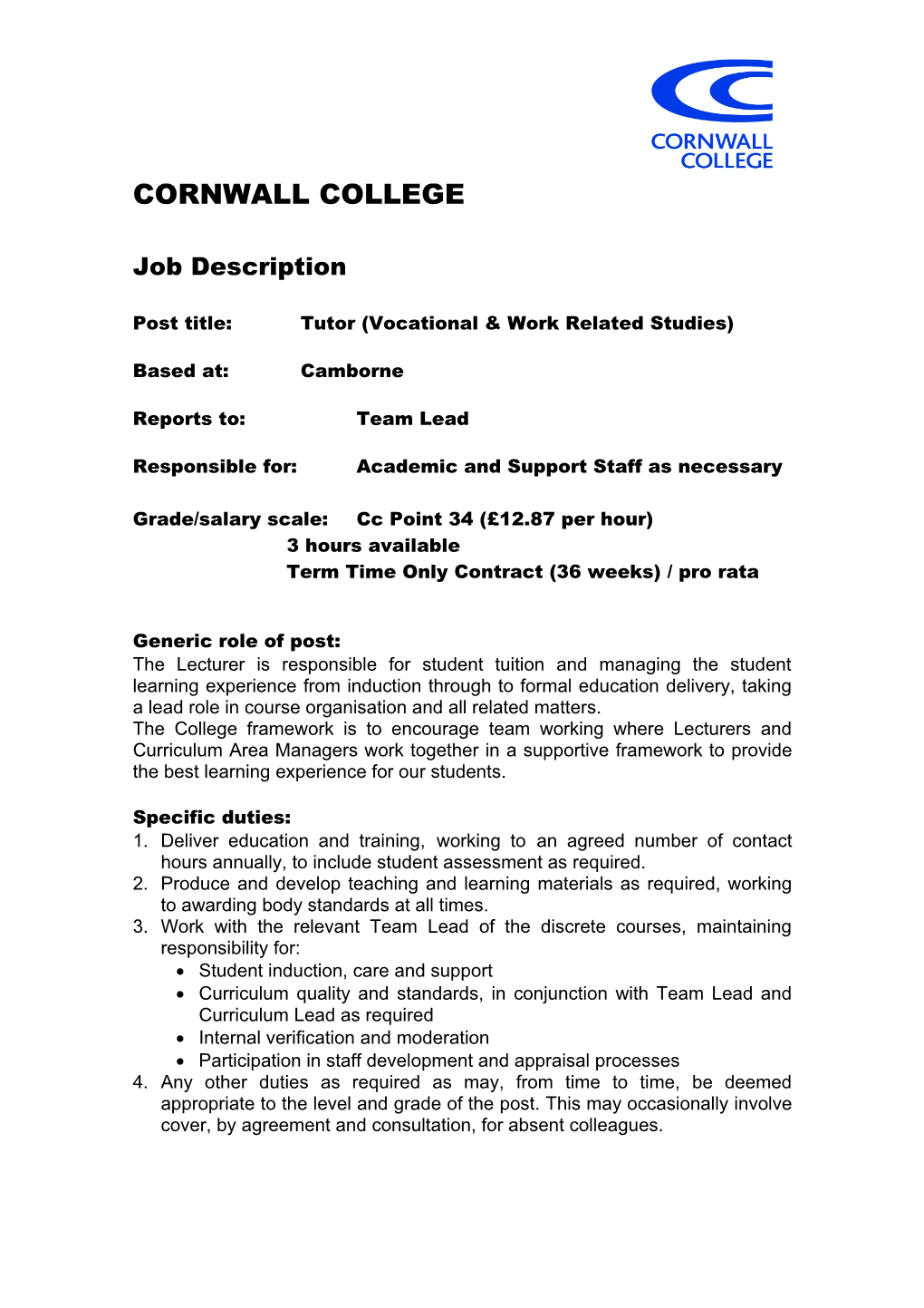 Job Description - Lecturer and Course Manager