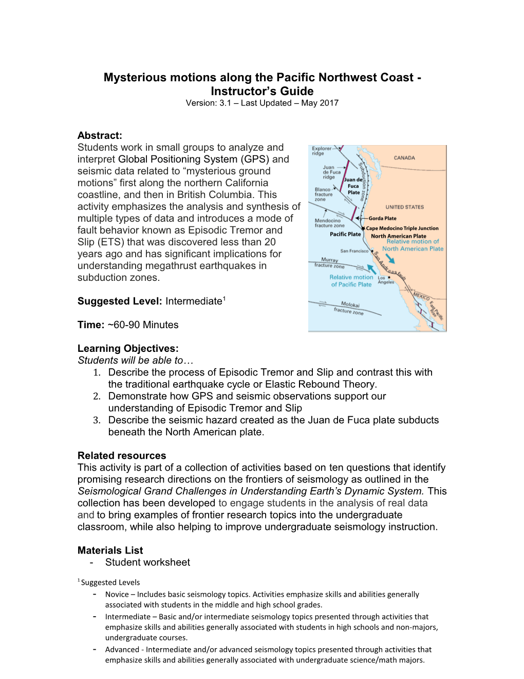 Mysterious Motions Along the Pacific Northwest Coast - Instructor S Guide