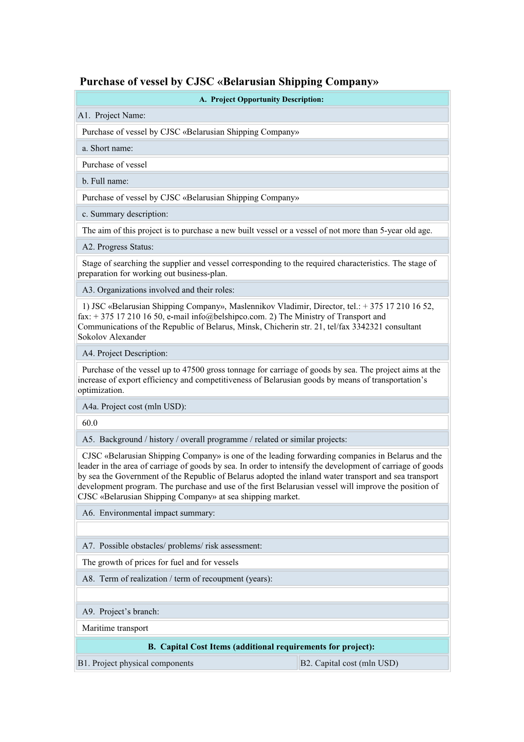 Purchase of Vessel by CJSC Belarusian Shipping Company