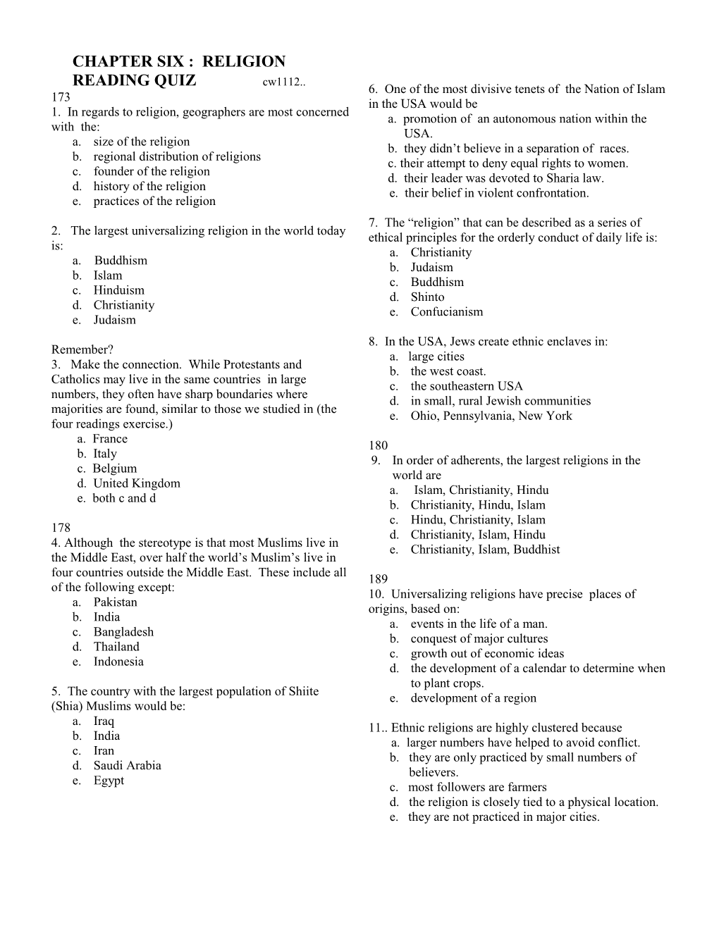 CHAPTER SIX : RELIGION READING QUIZ Cw1112