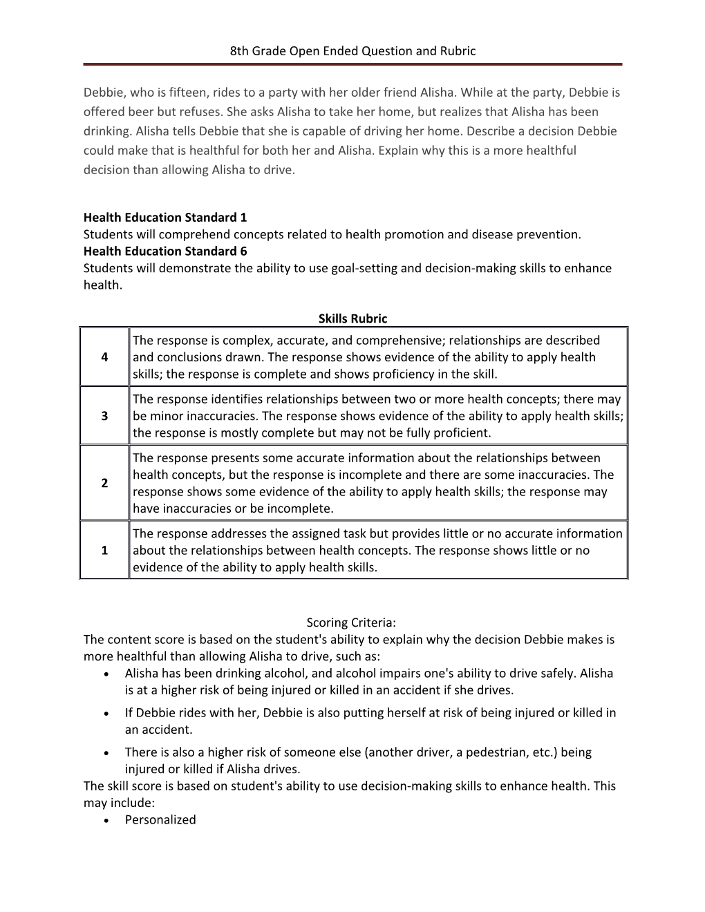 8Th Grade Open Ended Question and Rubric