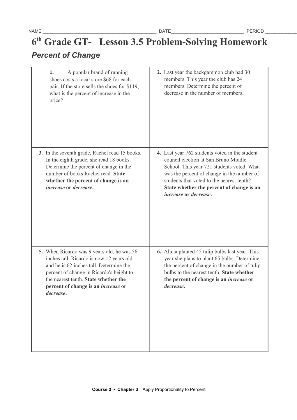 6Th Grade GT- Lesson 3.5 Problem-Solving Homework