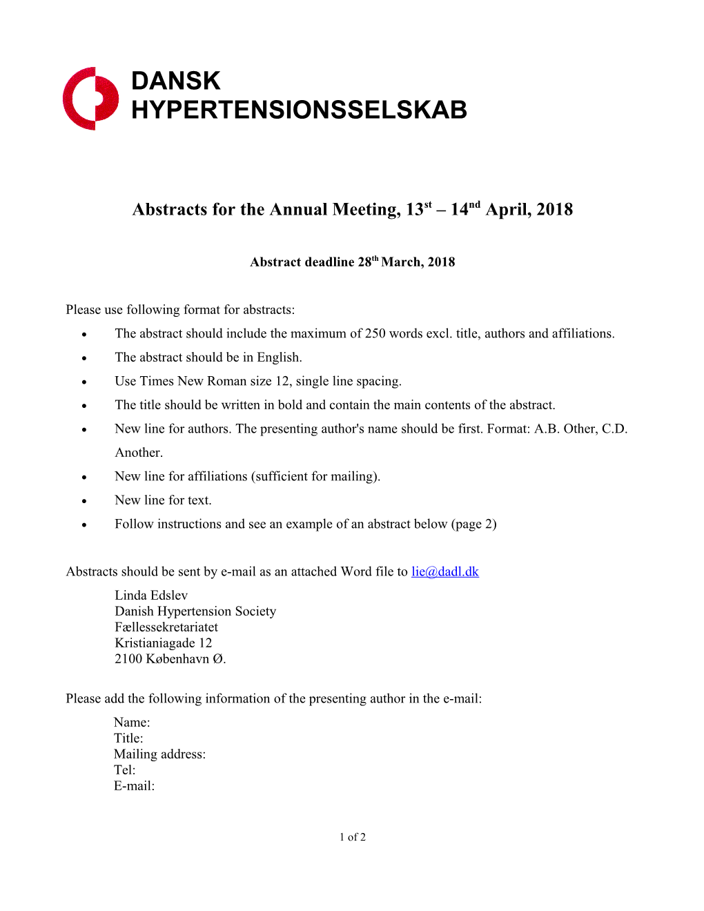 Abstracts for the Annual Meeting, 13St 14Ndapril, 2018