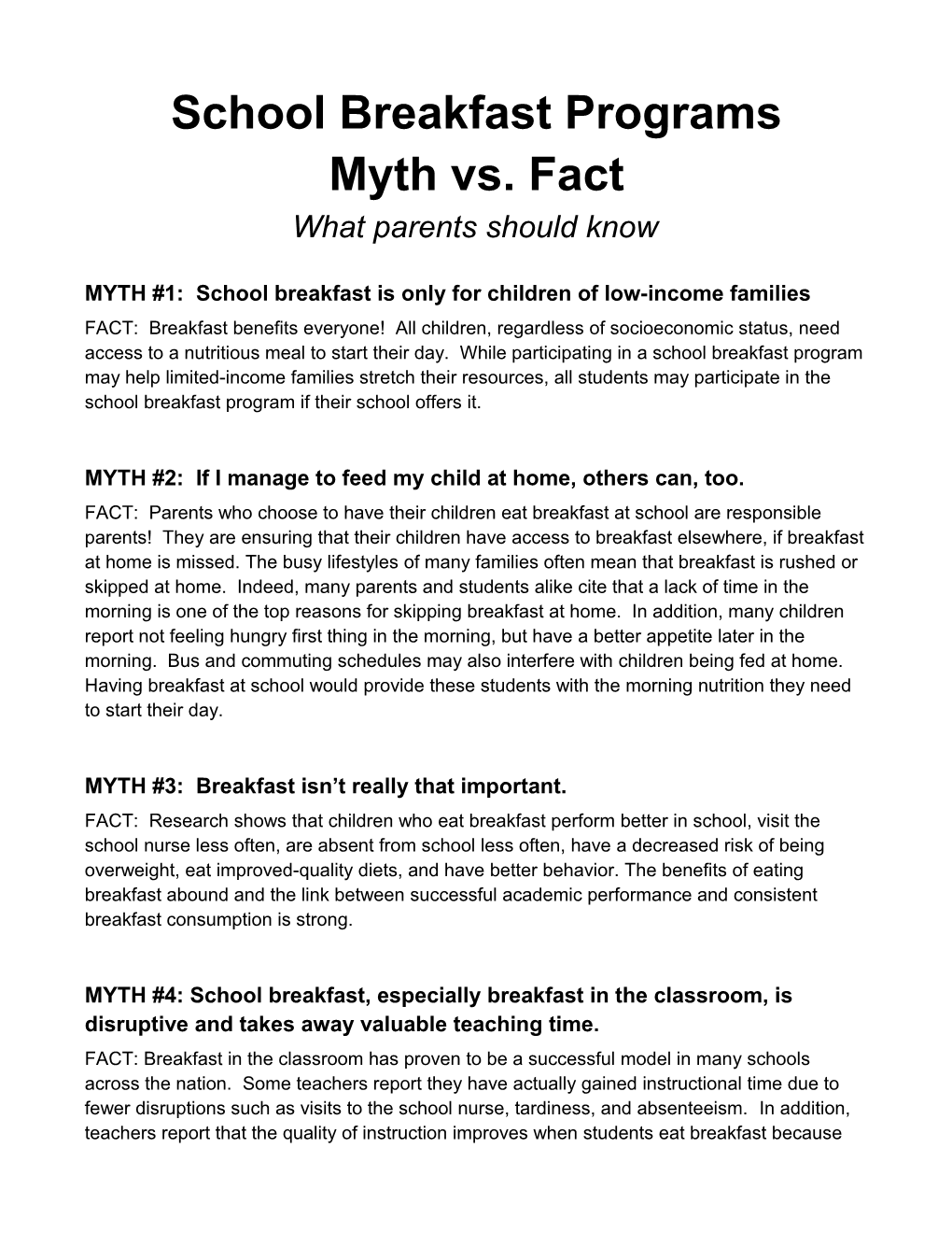 MYTH #1: School Breakfast Is Only for Children of Low-Income Families