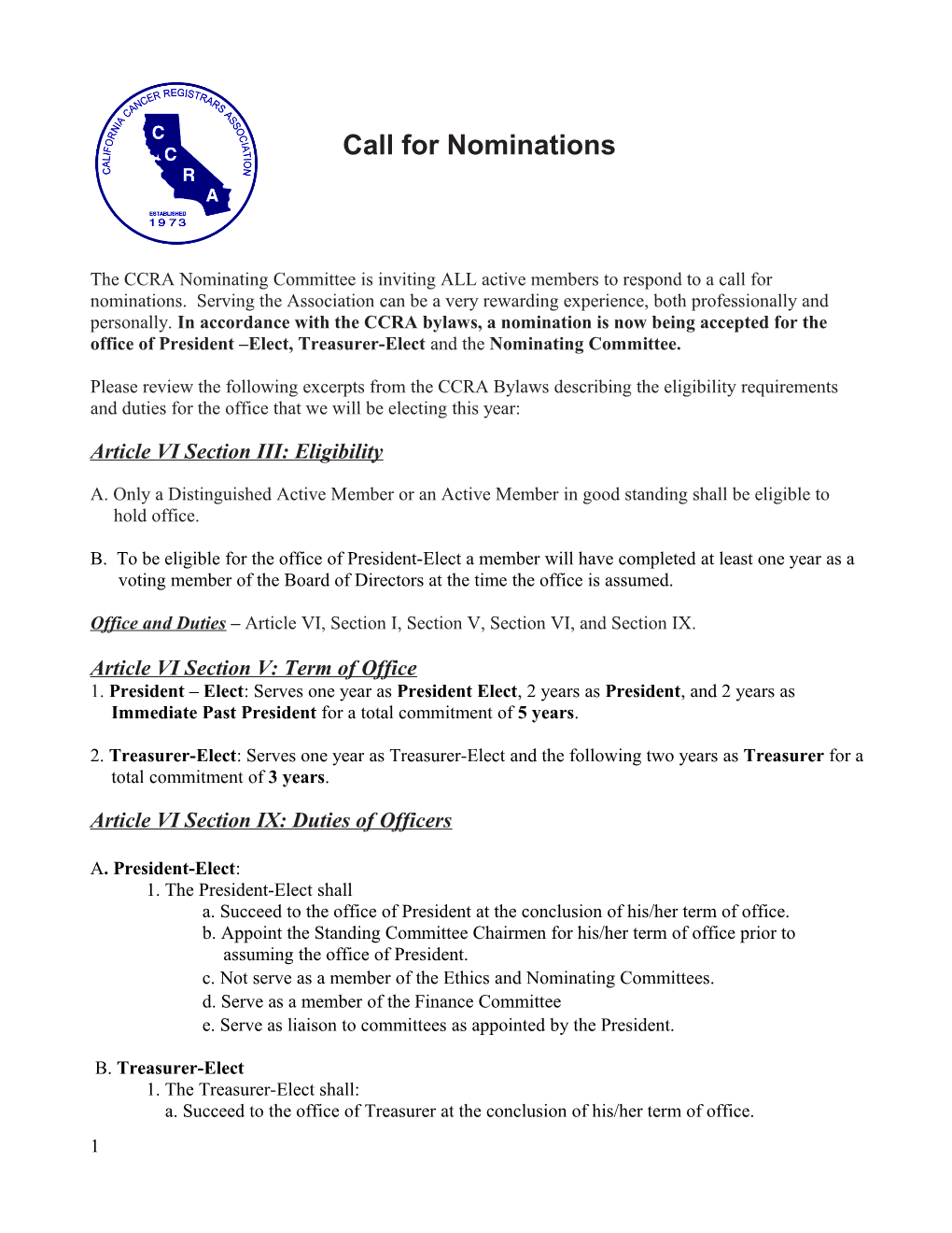 The CCRA Nominating Committee Is Inviting ALL Members to Respond to a Call for Nominations