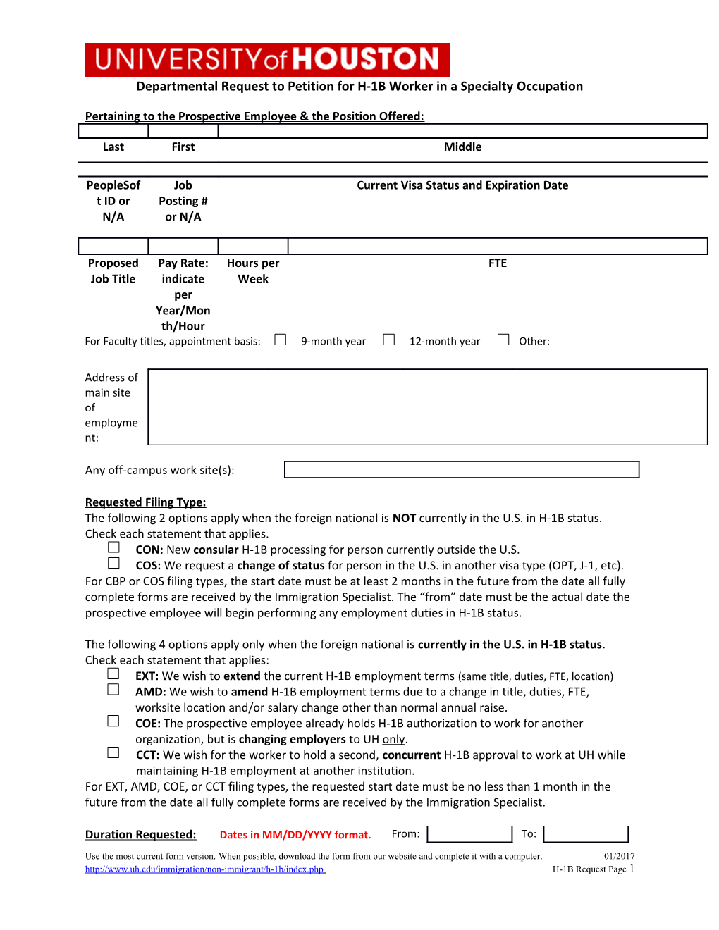 Departmental Request to Petition for H-1B Worker in a Specialty Occupation