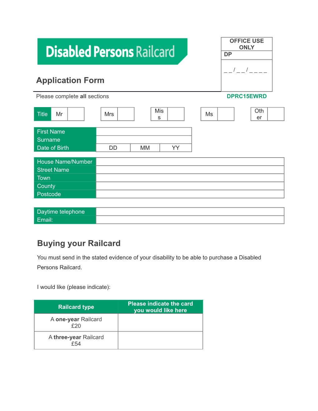 Disabled Person S Rail Card Application Form