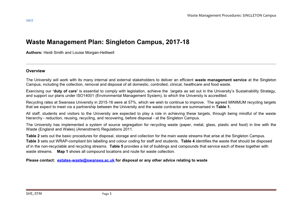 Waste Management Procedures: SINGLETON Campus