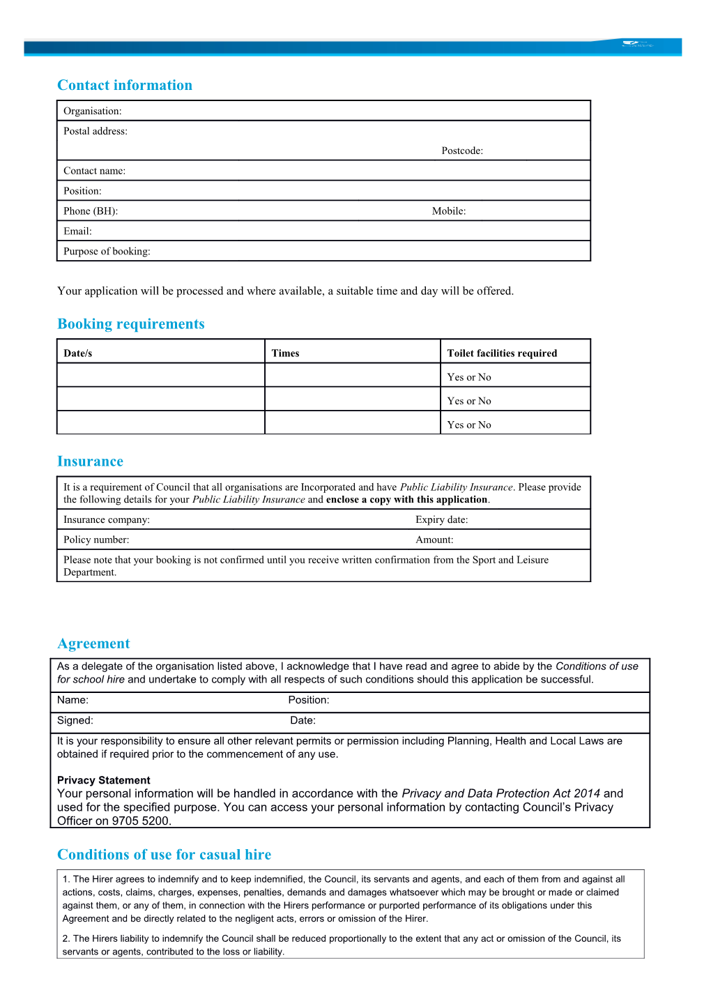 Conditions of Use for Casual Hire