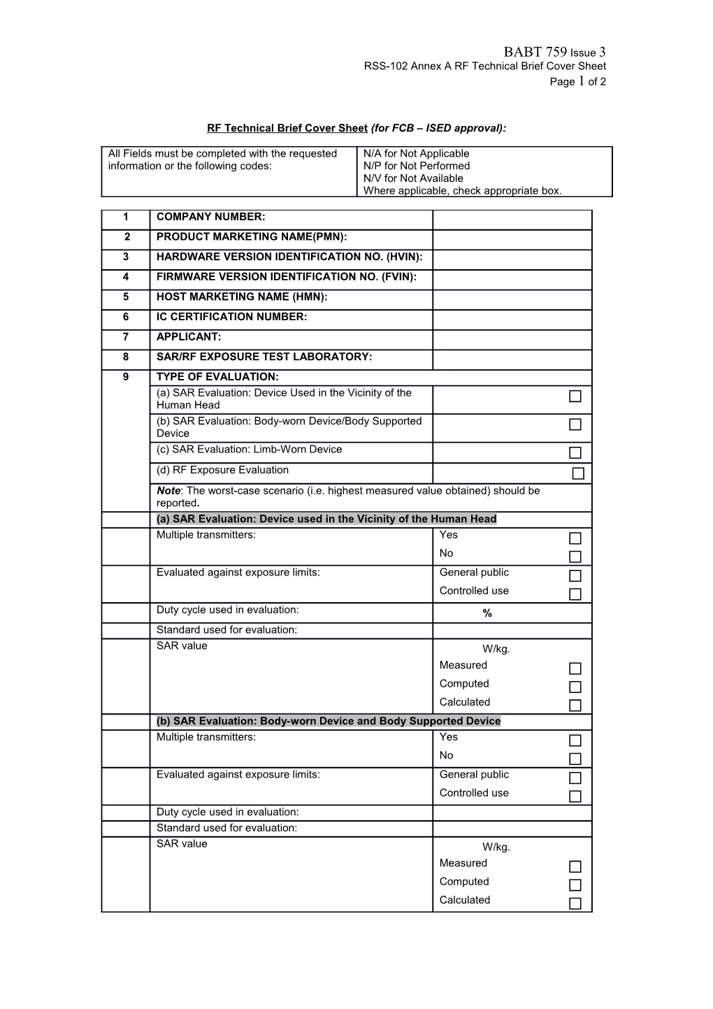 RSS-102 Annex a RF Technical Brief Cover Sheet