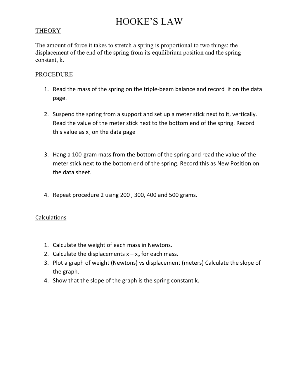 Simple Harmonic Motion Data Page