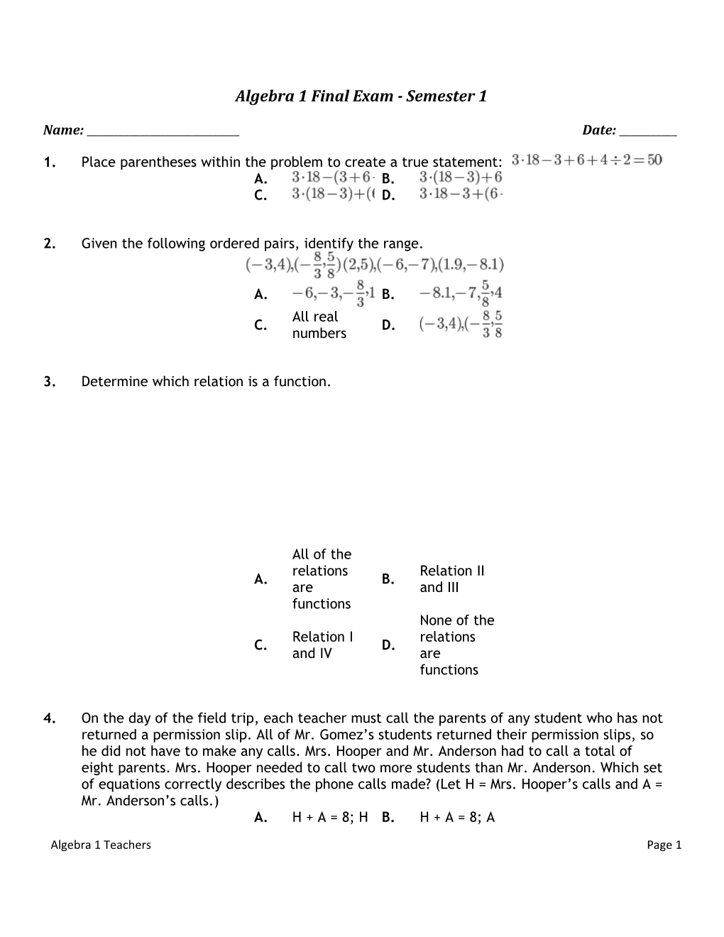 Algebra 1 Final Exam - Semester 1