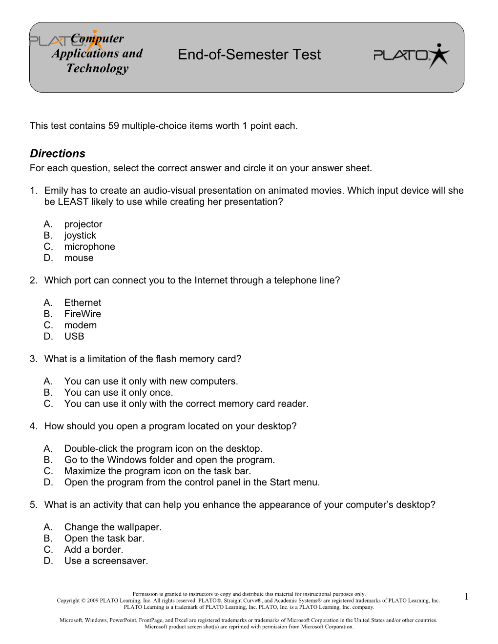 This Test Contains 59 Multiple-Choice Items Worth 1 Point Each