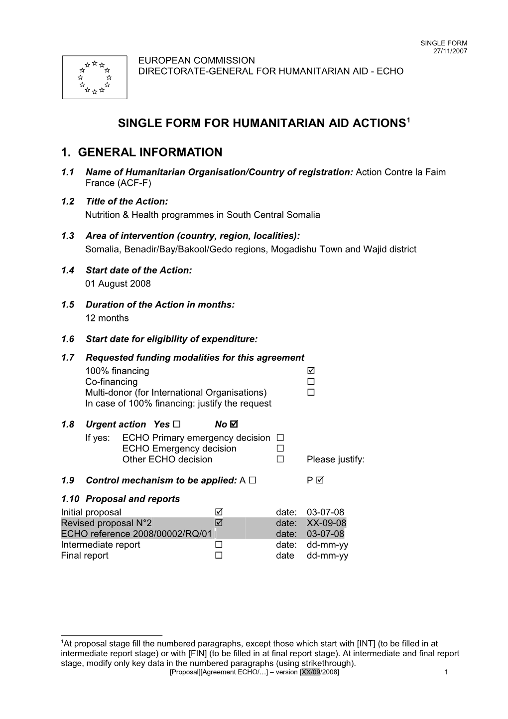 Single Form for Humanitarian Aid Actions