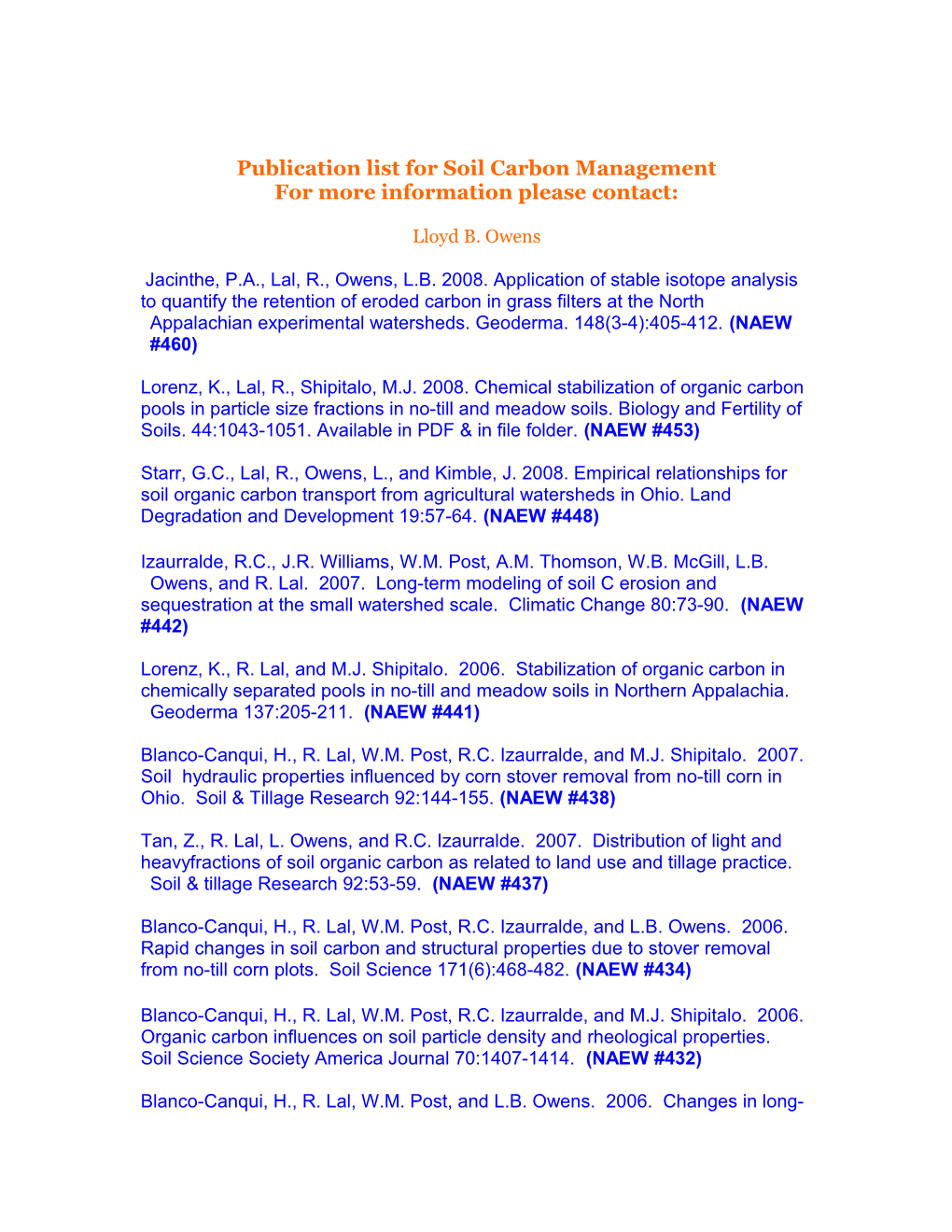 Publication List for Soil Carbon Management